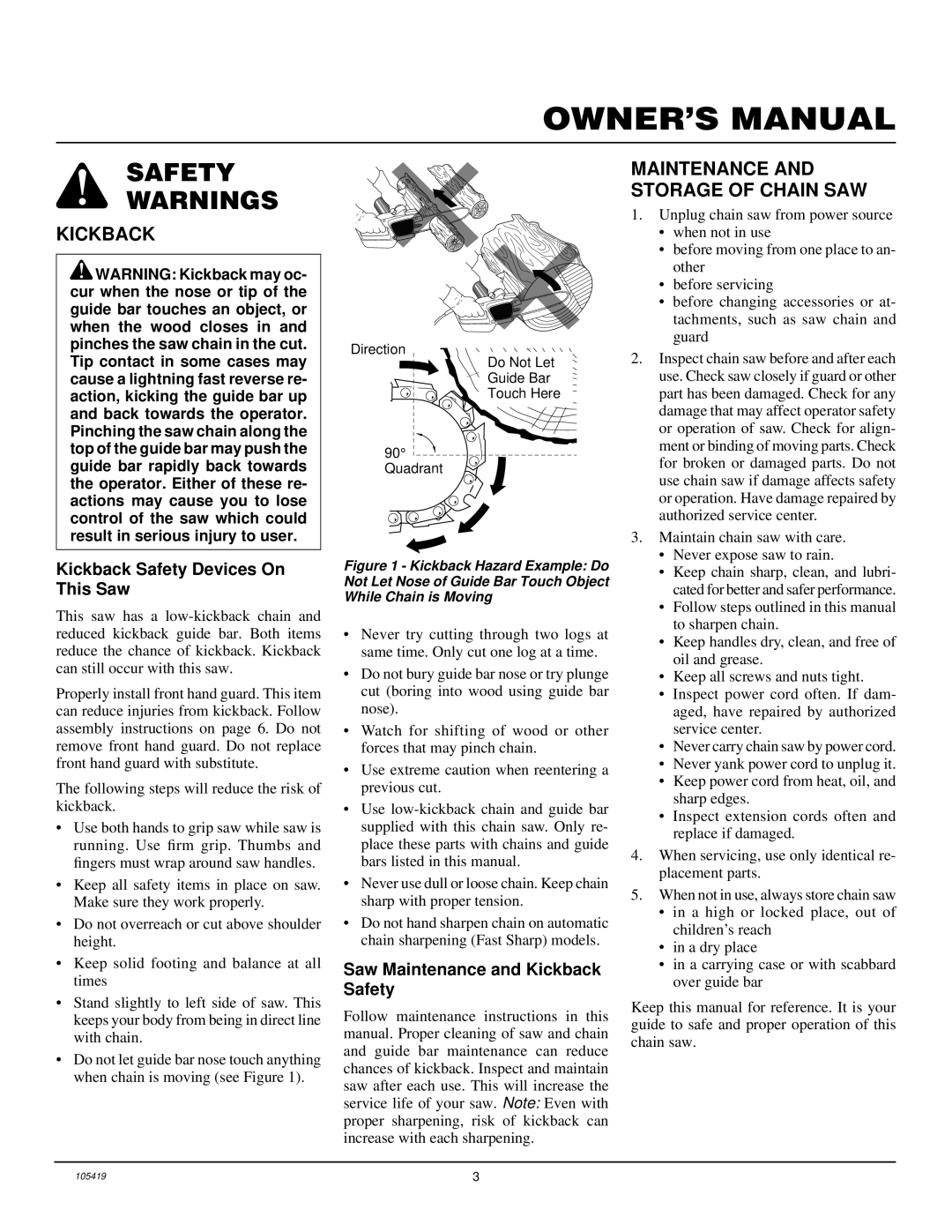 Desa 104316-04, 100089-01, 076728K, 076702J Maintenance and Storage of Chain SAW, Kickback Safety Devices On This Saw 