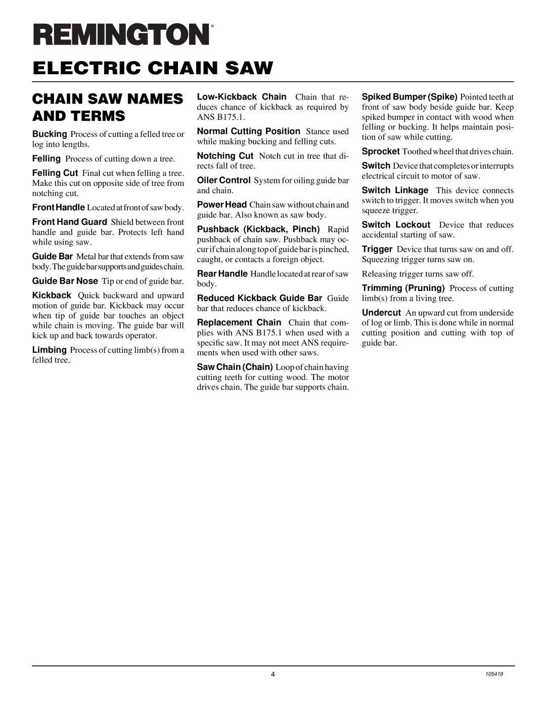 Desa 075762J, 100089-01, 076728K, 076702J, 104316-04, 100015 owner manual Chain SAW Names and Terms 