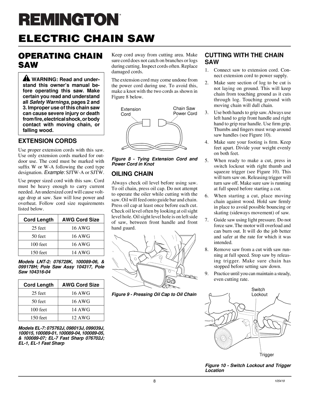 Desa 076702J, 100089-01, 076728K, 104316-04 Operating Chain SAW, Extension Cords, Oiling Chain, Cutting with the Chain SAW 