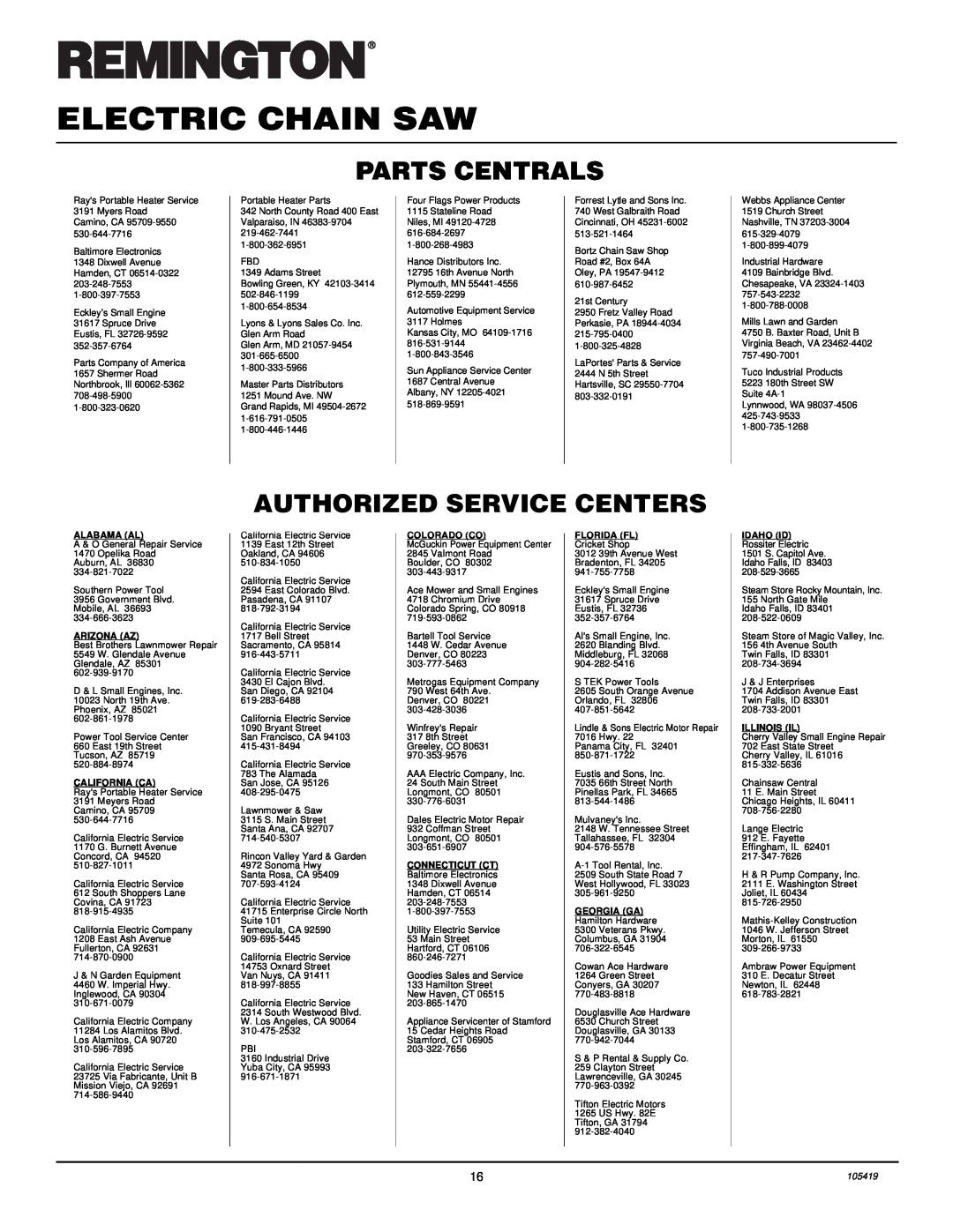 Desa 075762J Parts Centrals, Authorized Service Centers, Electric Chain Saw, Alabama Al, Arizona Az, California Ca, 105419 