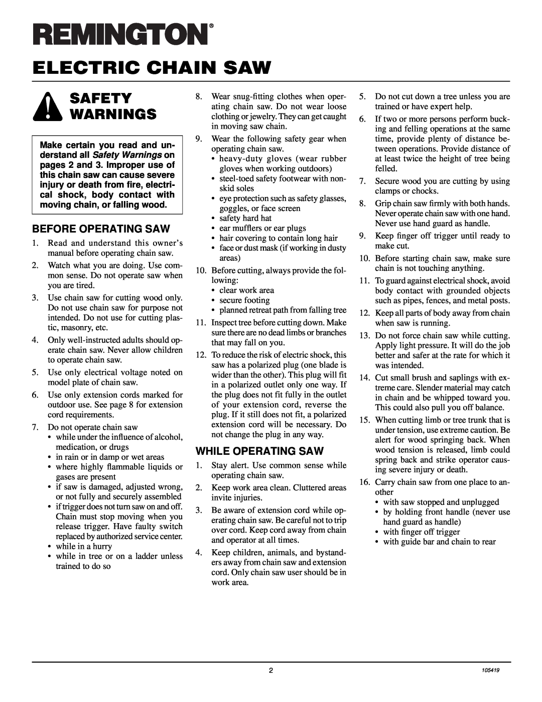 Desa 076702J, 100089-01, 076728K, 104316-04 Electric Chain Saw, Safety Warnings, Before Operating Saw, While Operating Saw 