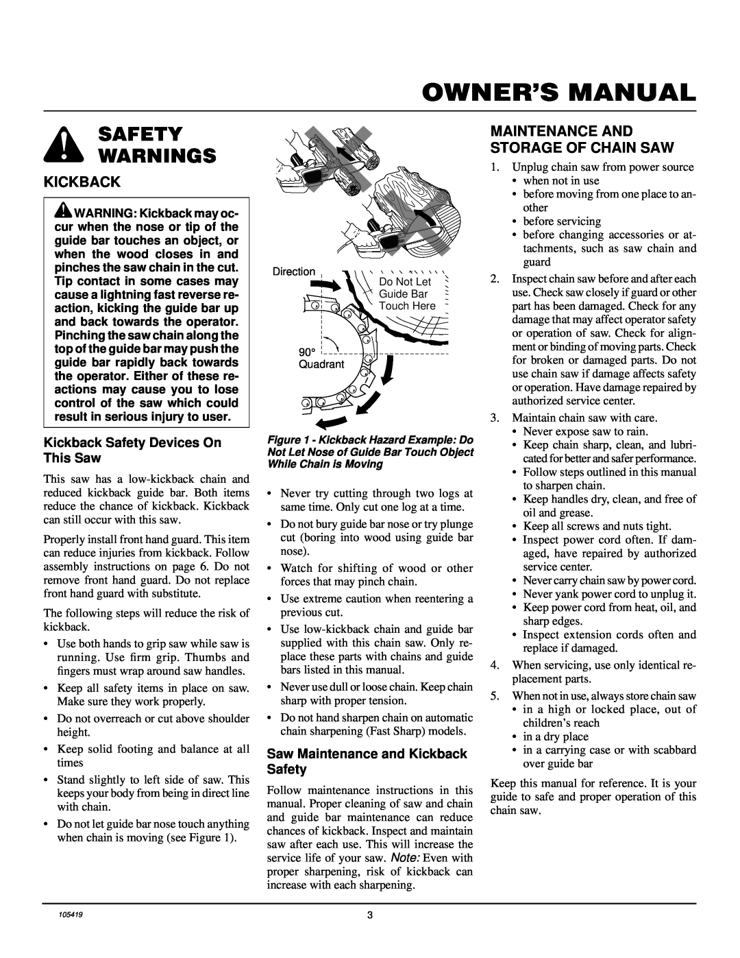 Desa 104316-04, 100089-01 Maintenance And Storage Of Chain Saw, Kickback Safety Devices On This Saw, Safety Warnings 