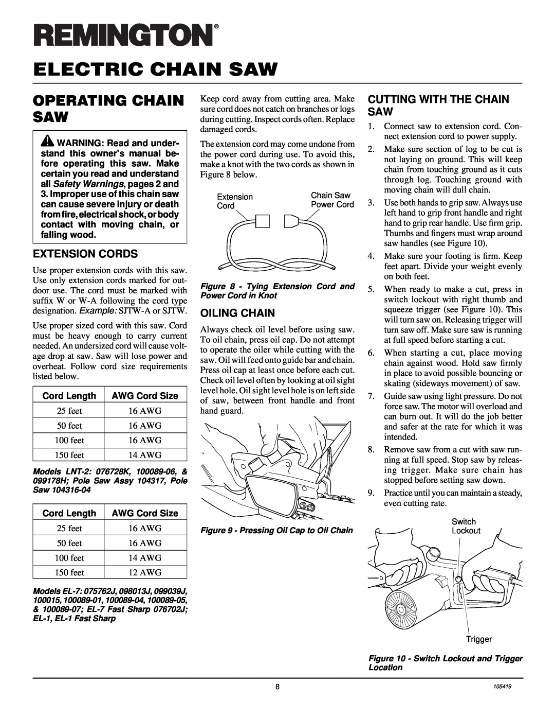 Desa 076702J, 100089-01 Operating Chain Saw, Extension Cords, Oiling Chain, Cutting With The Chain Saw, Electric Chain Saw 