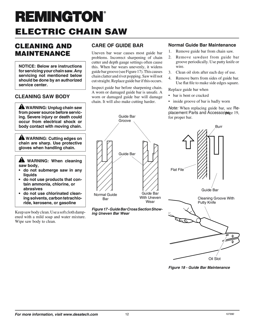 Desa 099039J, 100089-04 Cleaning and Maintenance, Cleaning SAW Body, Care of Guide BAR, Normal Guide Bar Maintenance 