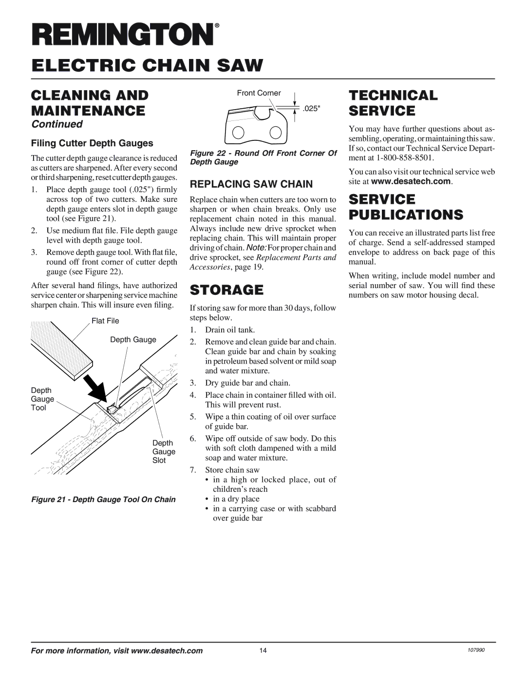 Desa 107714-02, 098031J Storage, Technical Service, Service Publications, Replacing SAW Chain, Filing Cutter Depth Gauges 