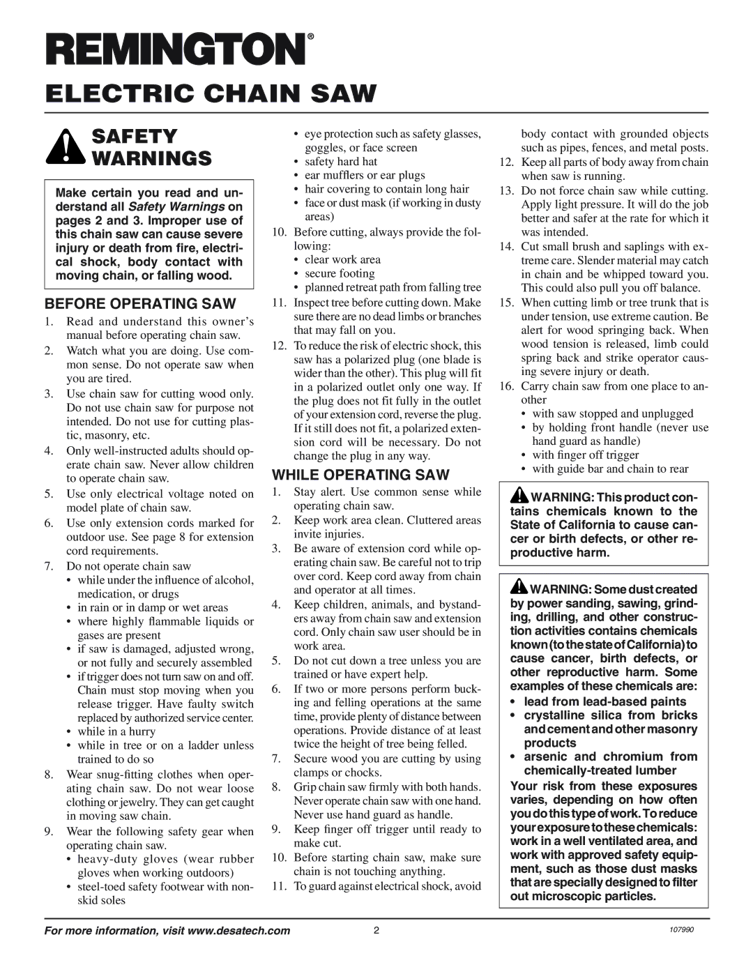 Desa 100089-05, 100089-04, 100089-08, 098031J, 099039J, 100089-06, 107714-02 Safety, Before Operating SAW, While Operating SAW 