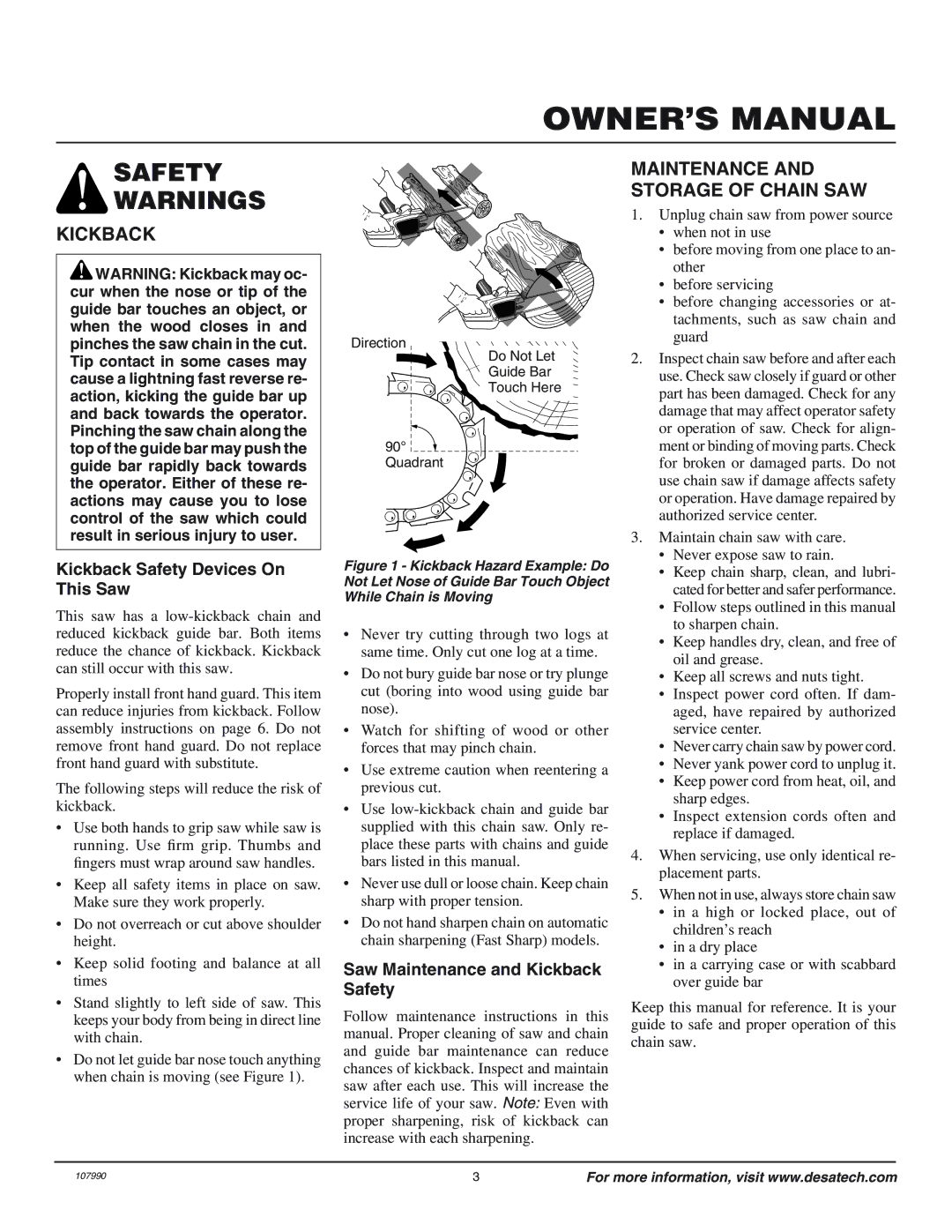 Desa 098031J, 100089-04, 100089-08, 100089-05 Maintenance and Storage of Chain SAW, Kickback Safety Devices On This Saw 