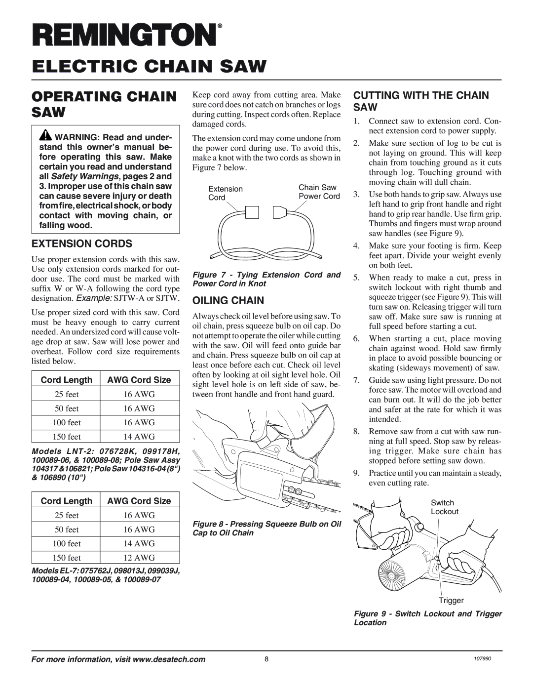 Desa 100089-04 Operating Chain SAW, Extension Cords, Oiling Chain, Cutting with the Chain SAW, Cord Length AWG Cord Size 