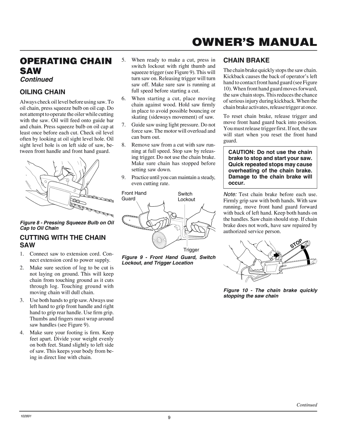 Desa 100271-01 owner manual Oiling Chain, Chain Brake, Cutting with the Chain SAW 