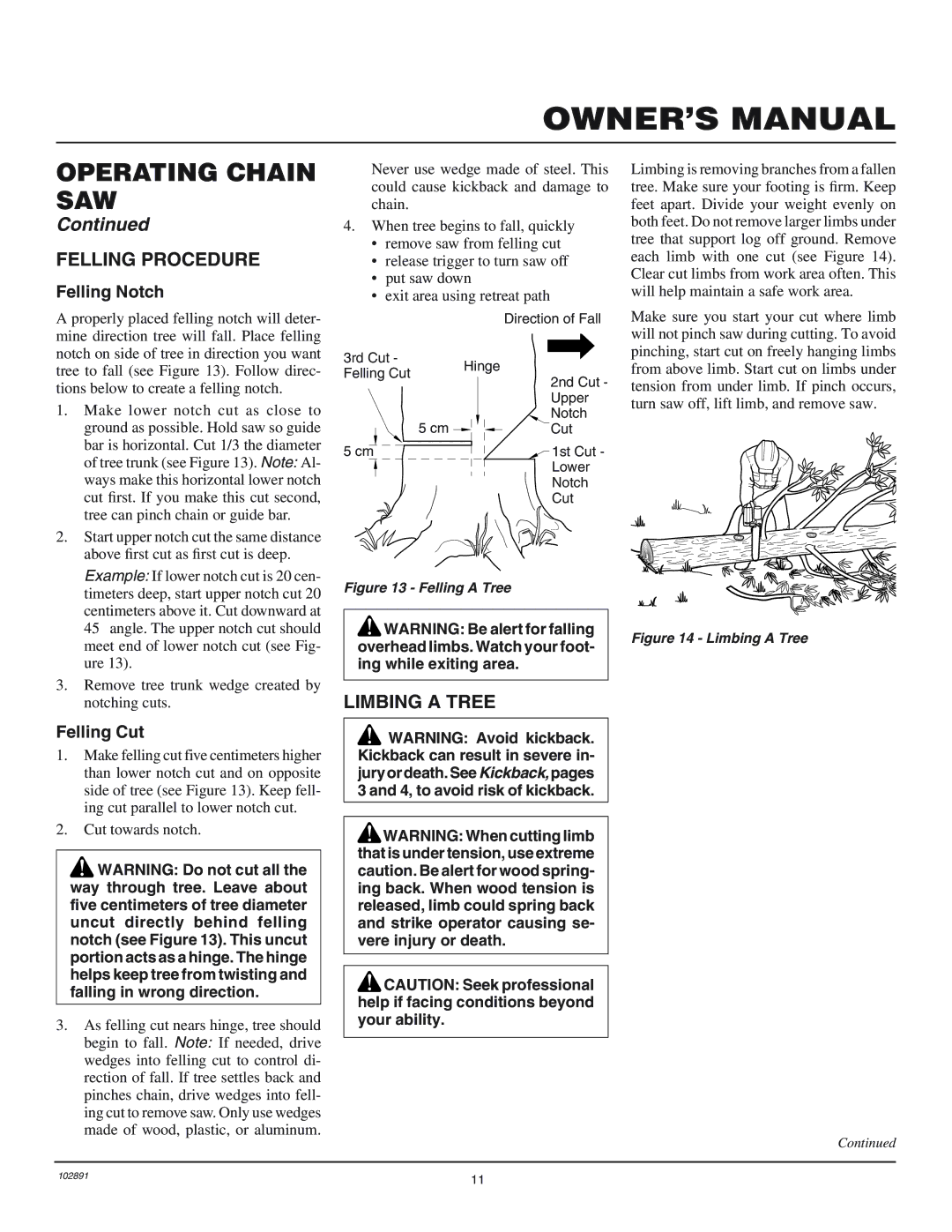 Desa 100271-01 owner manual Felling Procedure, Limbing a Tree, Felling Notch, Felling Cut, Cut towards notch 