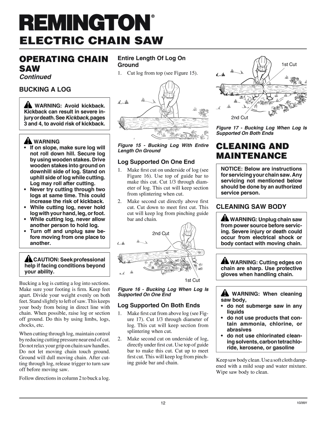 Desa 100271-01 owner manual Cleaning and Maintenance, Bucking a LOG, Cleaning SAW Body 