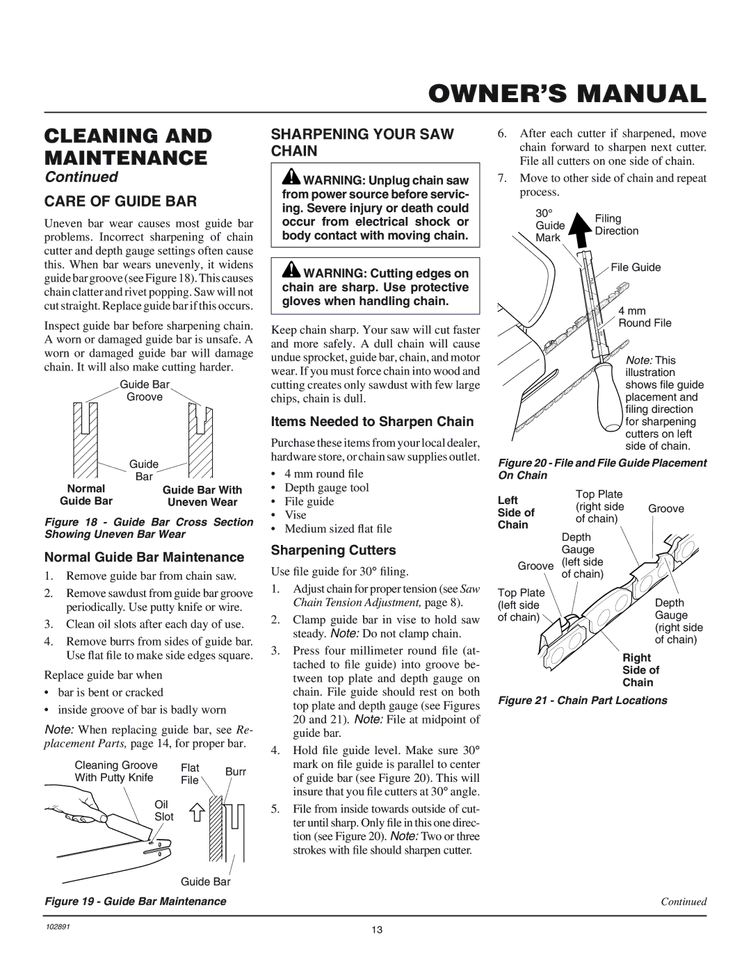 Desa 100271-01 Care of Guide BAR, Sharpening Your SAW Chain, Items Needed to Sharpen Chain, Normal Guide Bar Maintenance 