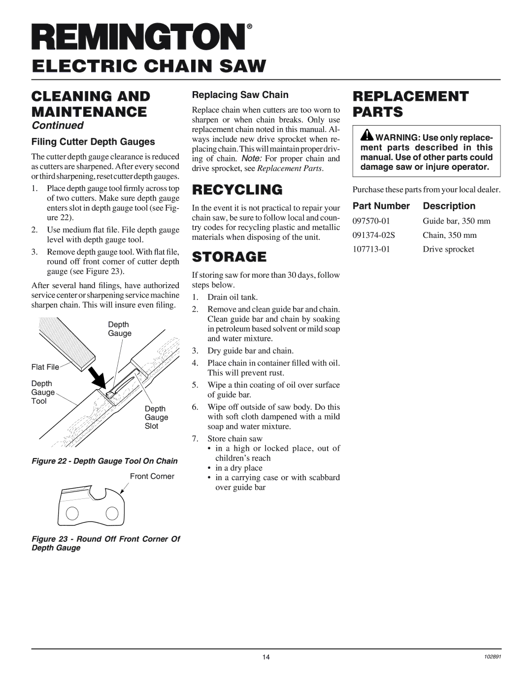 Desa 100271-01 owner manual Recycling, Storage, Replacement Parts 