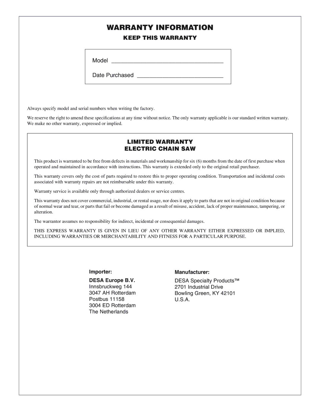 Desa 100271-01 owner manual Warranty Information, Importer Manufacturer Desa Europe B.V 