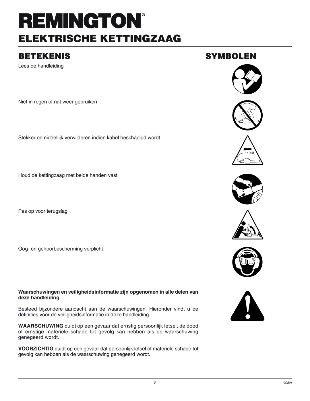 Desa 100271-01 owner manual Elektrische Kettingzaag, Betekenis Symbolen 