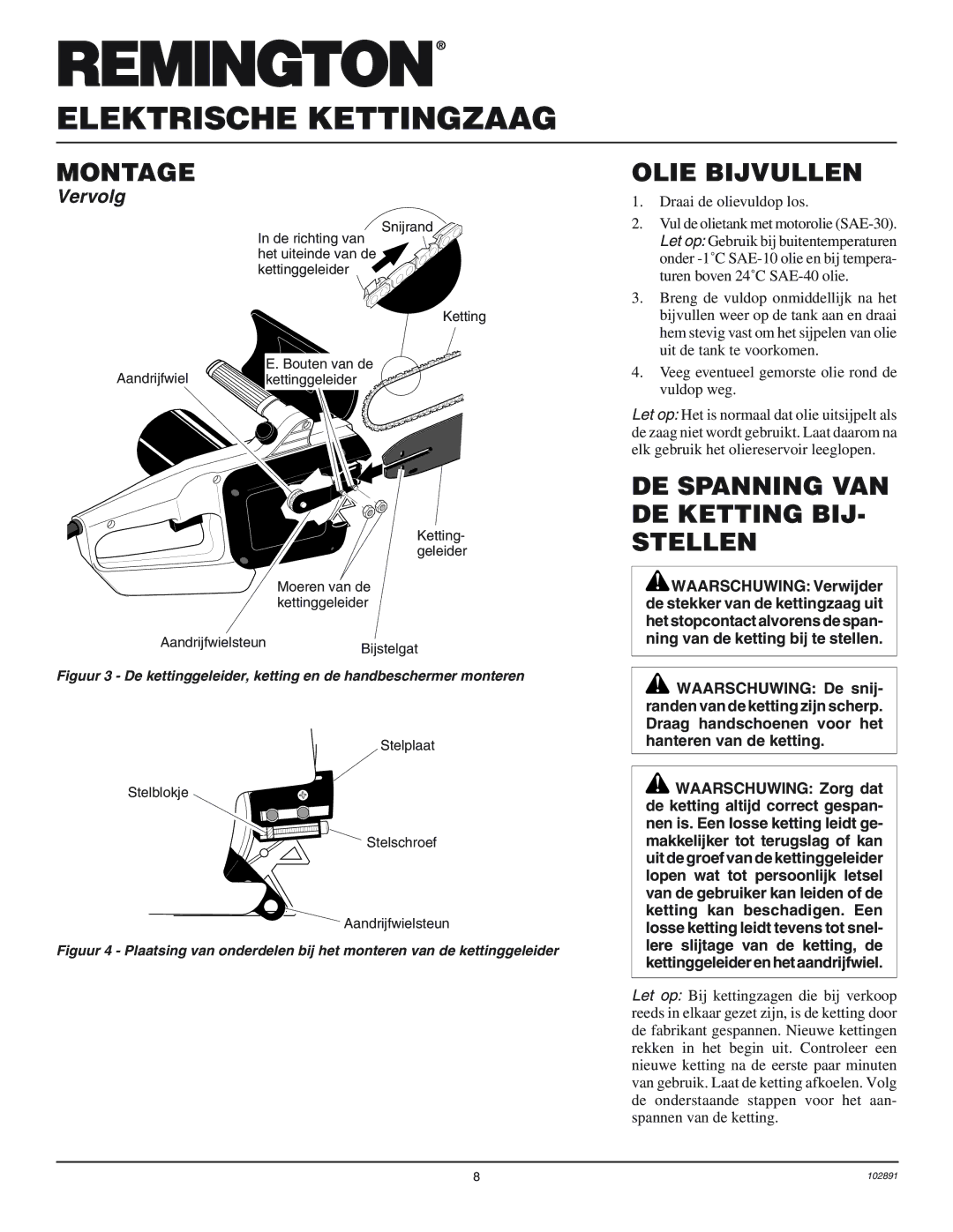 Desa 100271-01 owner manual Olie Bijvullen, DE Spanning VAN DE Ketting BIJ- Stellen, Ning van de ketting bij te stellen 