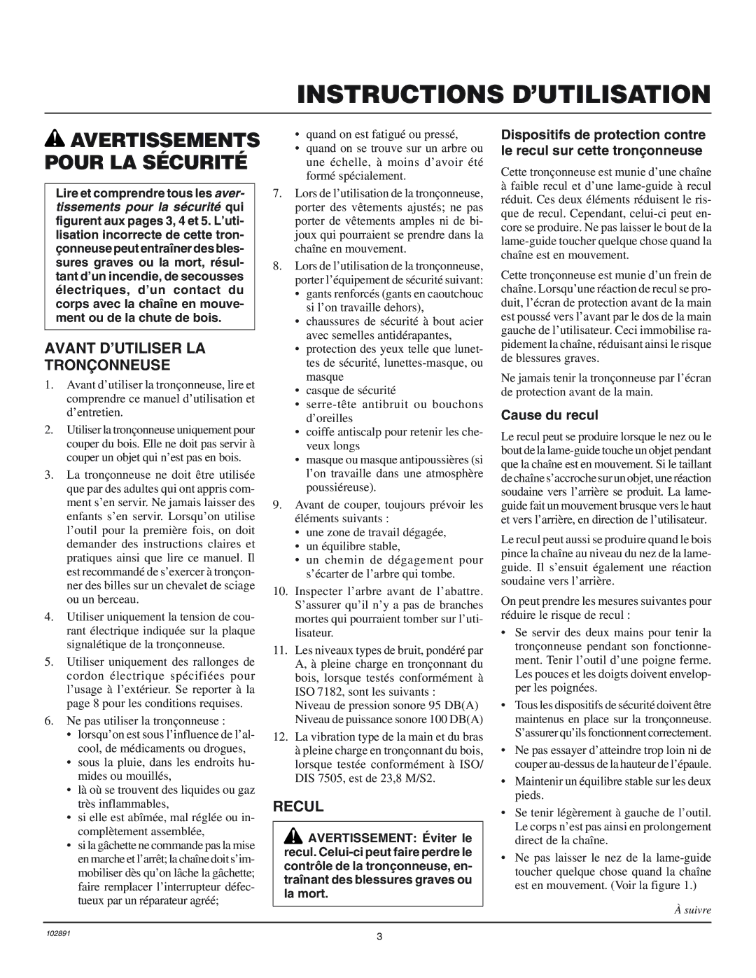 Desa 100271-01 owner manual Avertissements Pour LA Sécurité, Avant D’UTILISER LA Tronçonneuse, Recul, Cause du recul 