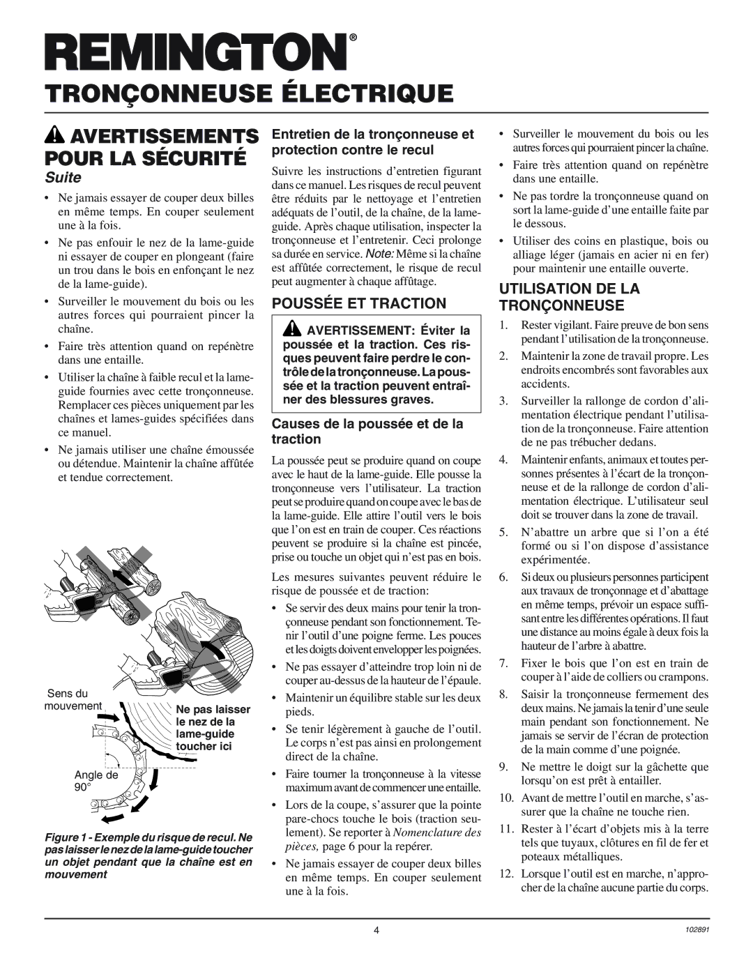 Desa 100271-01 owner manual Poussée ET Traction, Utilisation DE LA Tronçonneuse, Causes de la poussée et de la traction 