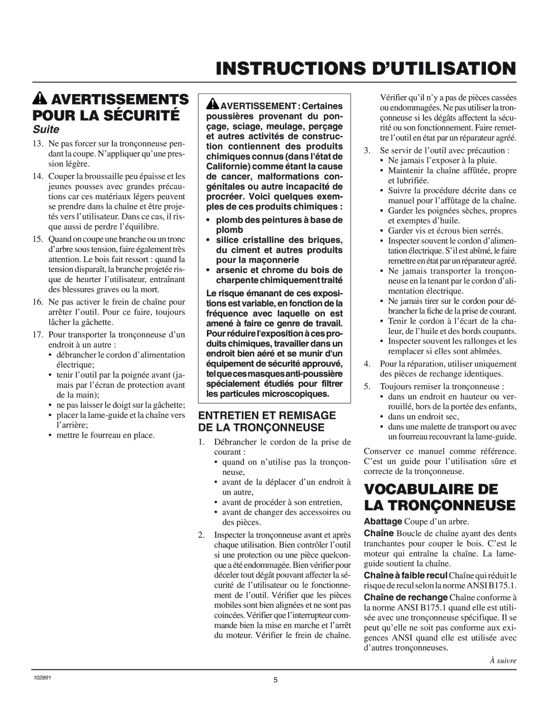 Desa 100271-01 owner manual Vocabulaire DE LA Tronçonneuse, Entretien ET Remisage DE LA Tronçonneuse, Dans un endroit sec 