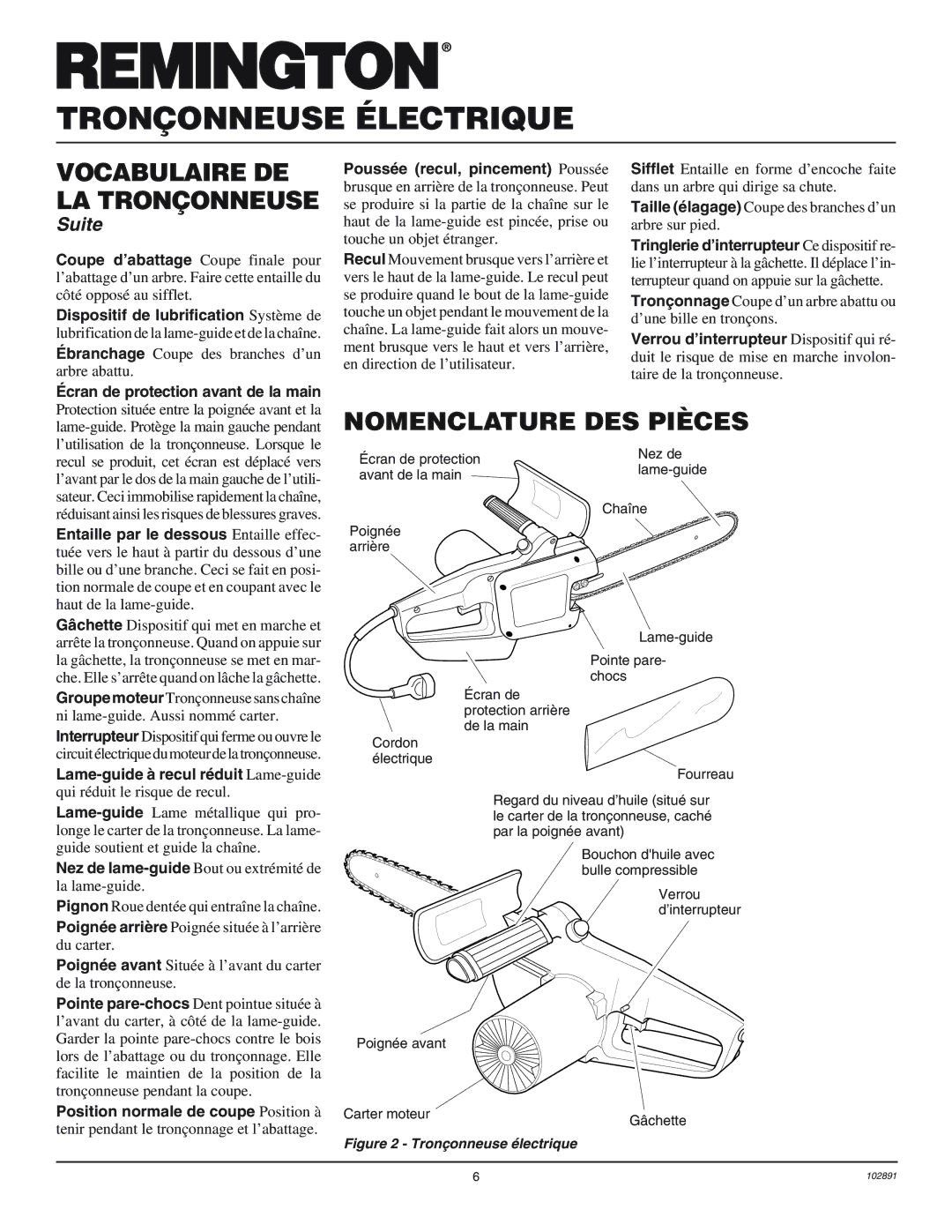 Desa 100271-01 owner manual Nomenclature DES Pièces, Tronçonneuse électrique 