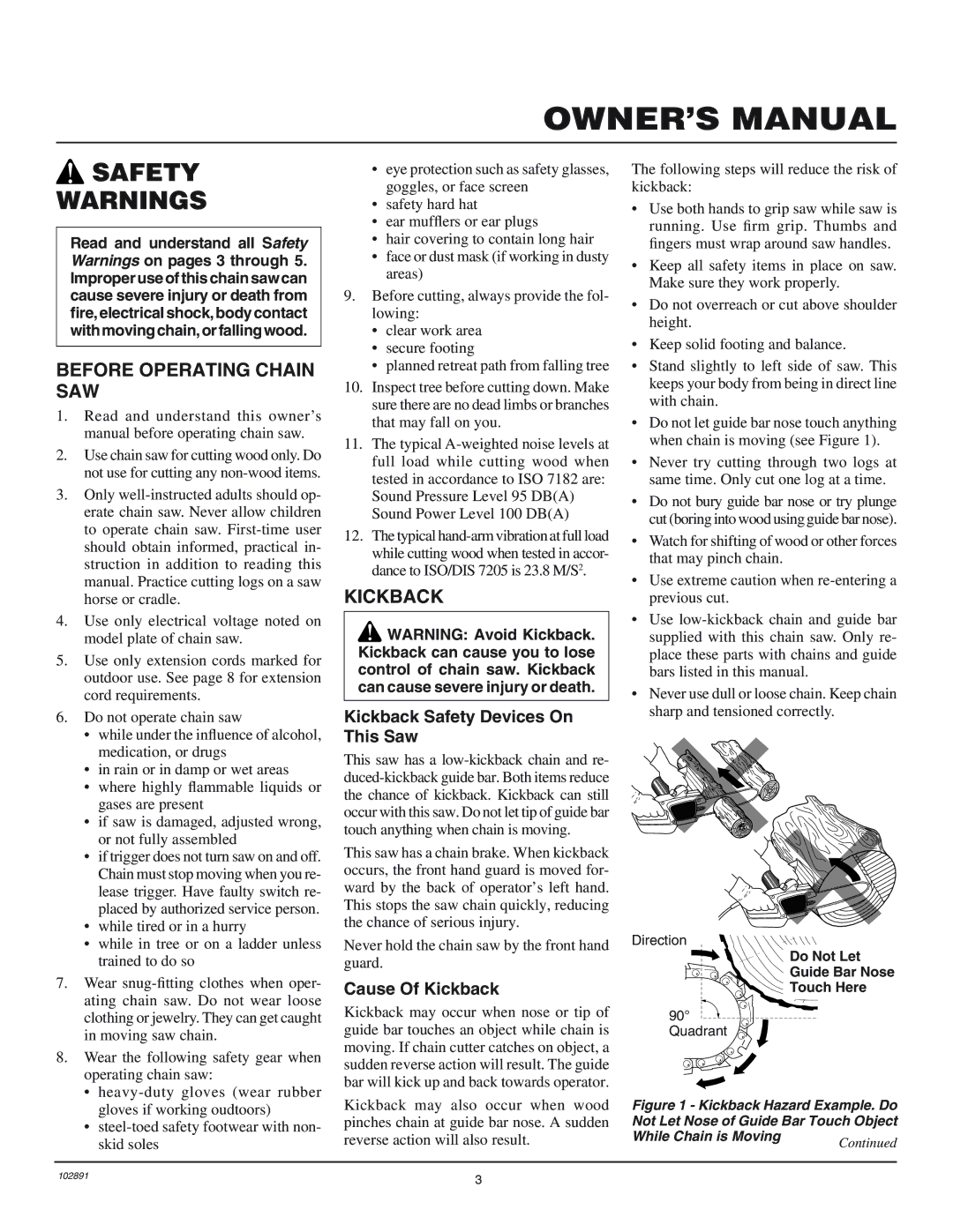 Desa 100271-01 owner manual Before Operating Chain SAW, Kickback Safety Devices On This Saw, Cause Of Kickback 