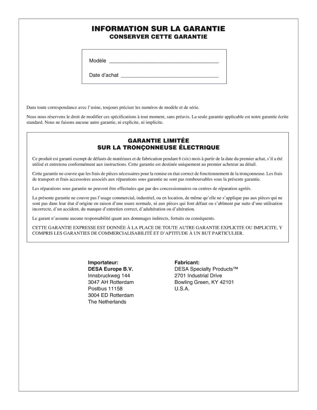 Desa 100271-01 owner manual Information SUR LA Garantie, Importateur Fabricant Desa Europe B.V 