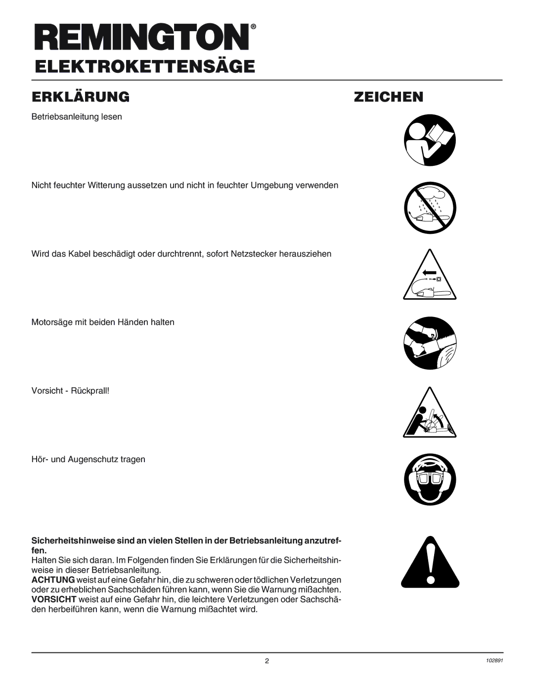 Desa 100271-01 owner manual Elektrokettensäge, Erklärung Zeichen 