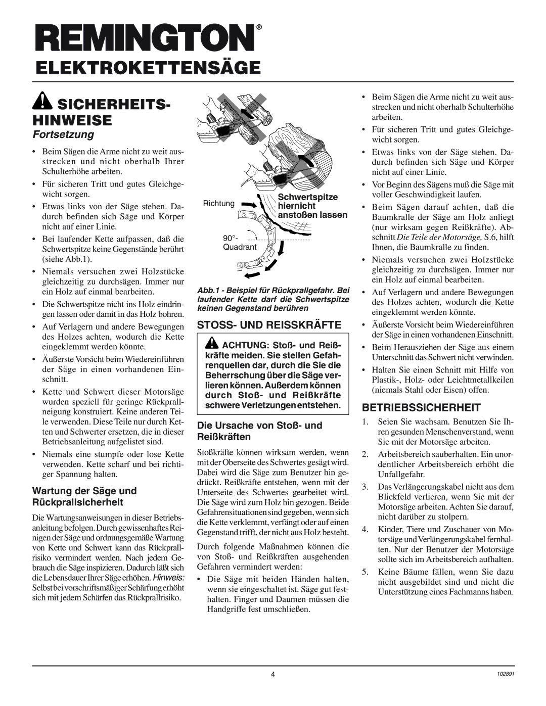 Desa 100271-01 owner manual STOSS- UND Reisskräfte, Betriebssicherheit, Wartung der Säge und Rückprallsicherheit 