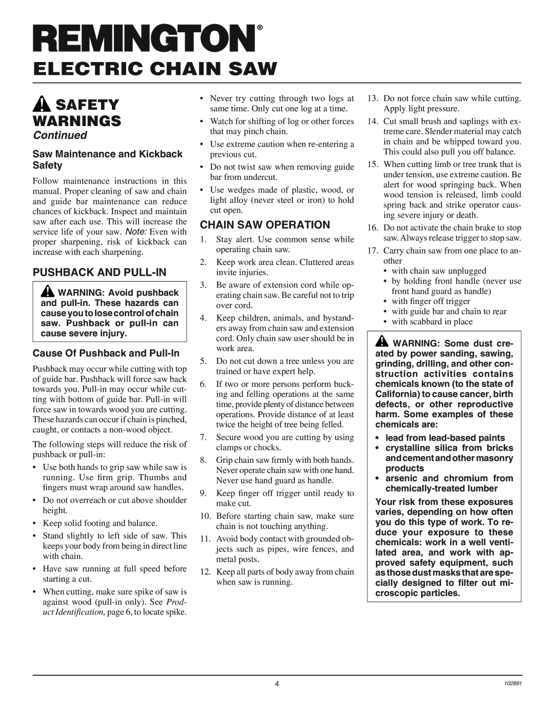 Desa 100271-01 owner manual Pushback and PULL-IN, Chain SAW Operation, Saw Maintenance and Kickback Safety 