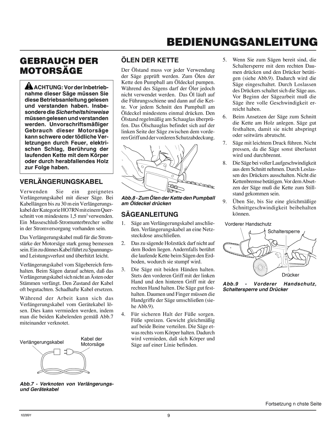 Desa 100271-01 owner manual Gebrauch DER Motorsäge, Verlängerungskabel, Ölen DER Kette, Sägeanleitung 