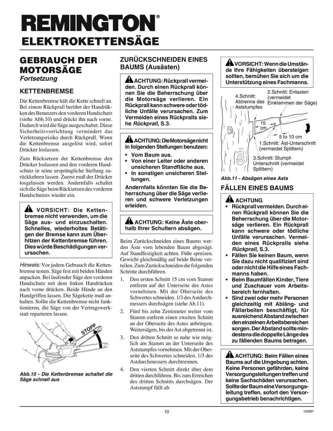 Desa 100271-01 owner manual Kettenbremse, Fällen Eines Baums, Vom Baum aus 