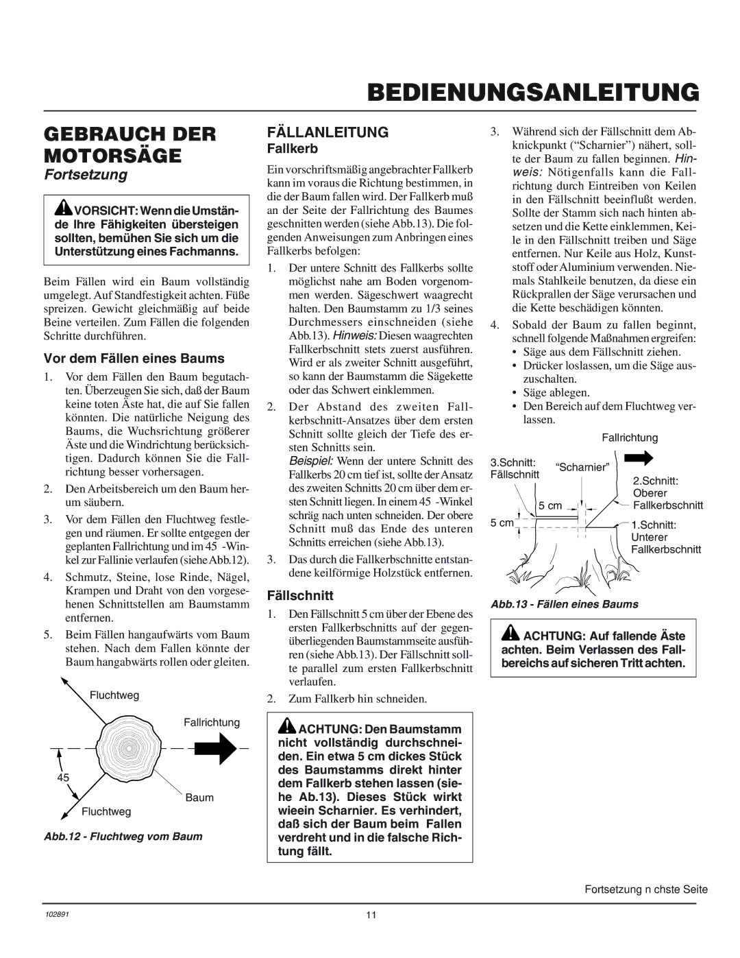 Desa 100271-01 owner manual Fällanleitung, Vor dem Fällen eines Baums, Fallkerb, Fällschnitt 