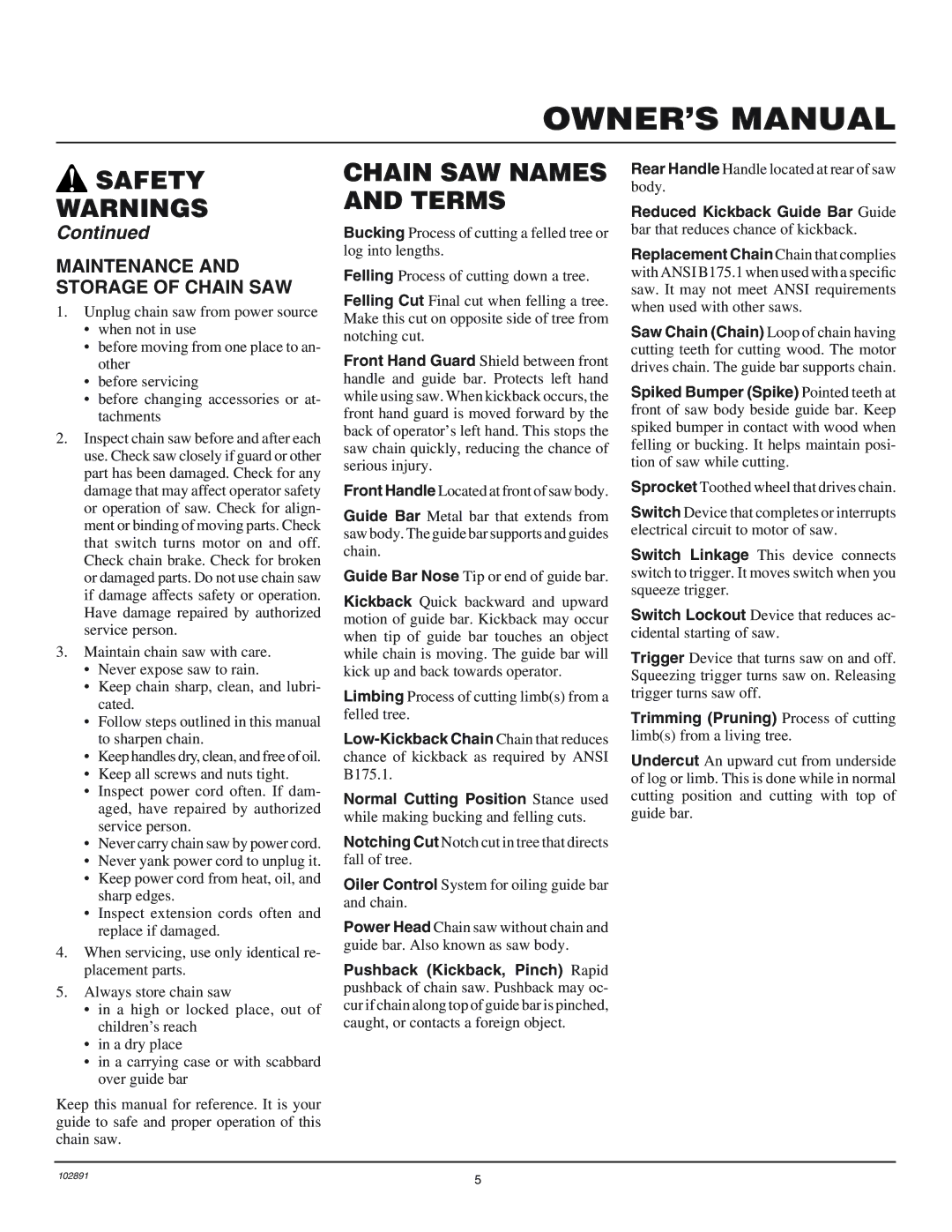 Desa 100271-01 Chain SAW Names and Terms, Maintenance and Storage of Chain SAW, Reduced Kickback Guide Bar Guide 