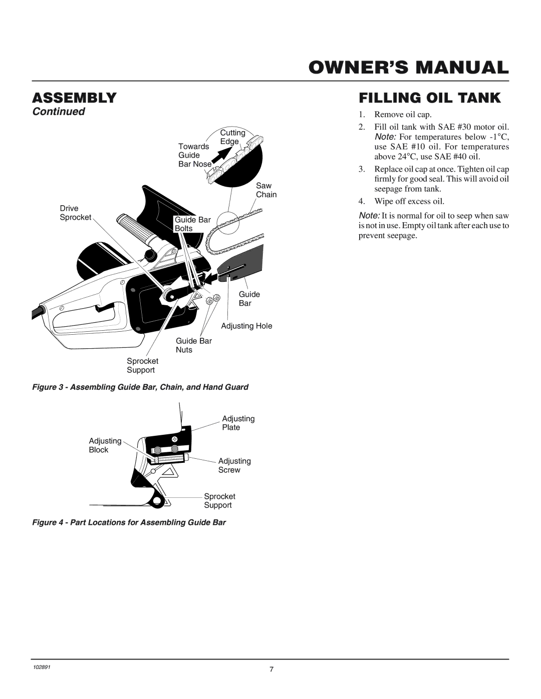 Desa 100271-01 owner manual Filling OIL Tank, Assembling Guide Bar, Chain, and Hand Guard 