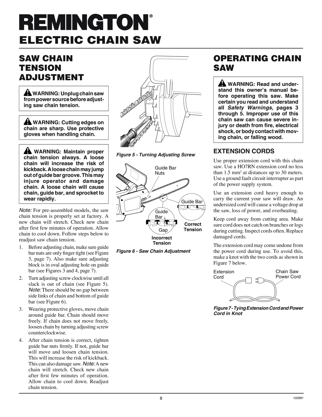 Desa 100271-01 owner manual Saw Chain Tension Adjustment, Operating Chain Saw, Extension Cords, Electric Chain Saw 