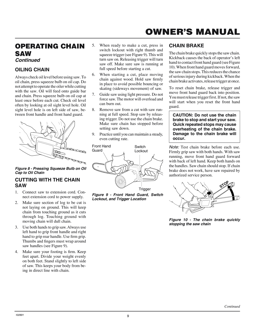 Desa 100271-01 Oiling Chain, Chain Brake, Cutting With The Chain Saw, Owner’S Manual, Operating Chain Saw, Continued 