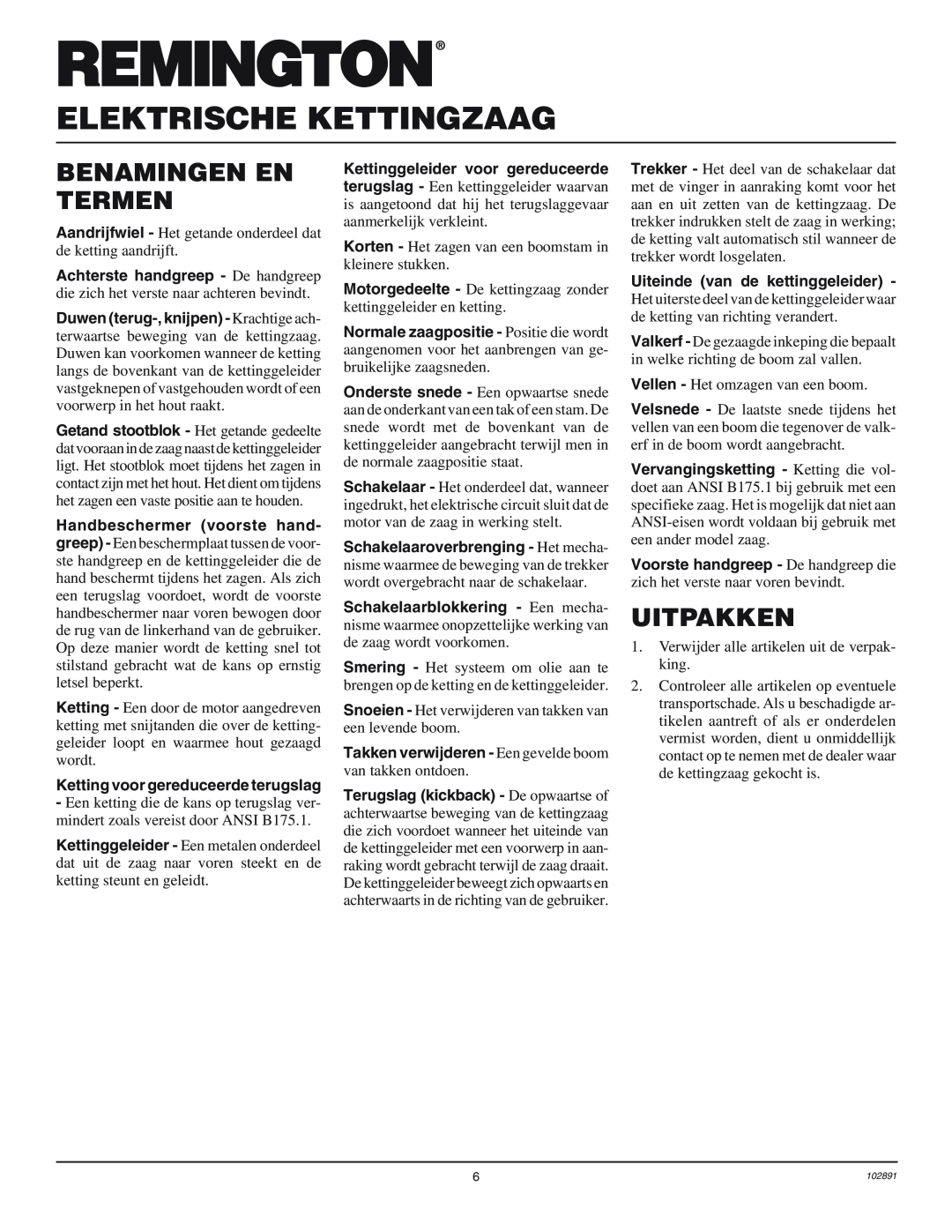 Desa 100271-01 owner manual Benamingen En Termen, Uitpakken, Elektrische Kettingzaag 