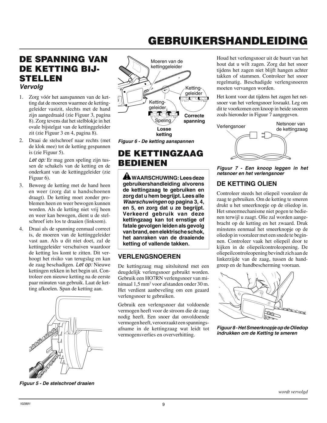 Desa 100271-01 owner manual De Kettingzaag Bedienen, Verlengsnoeren, De Ketting Olien, Gebruikershandleiding, Vervolg 