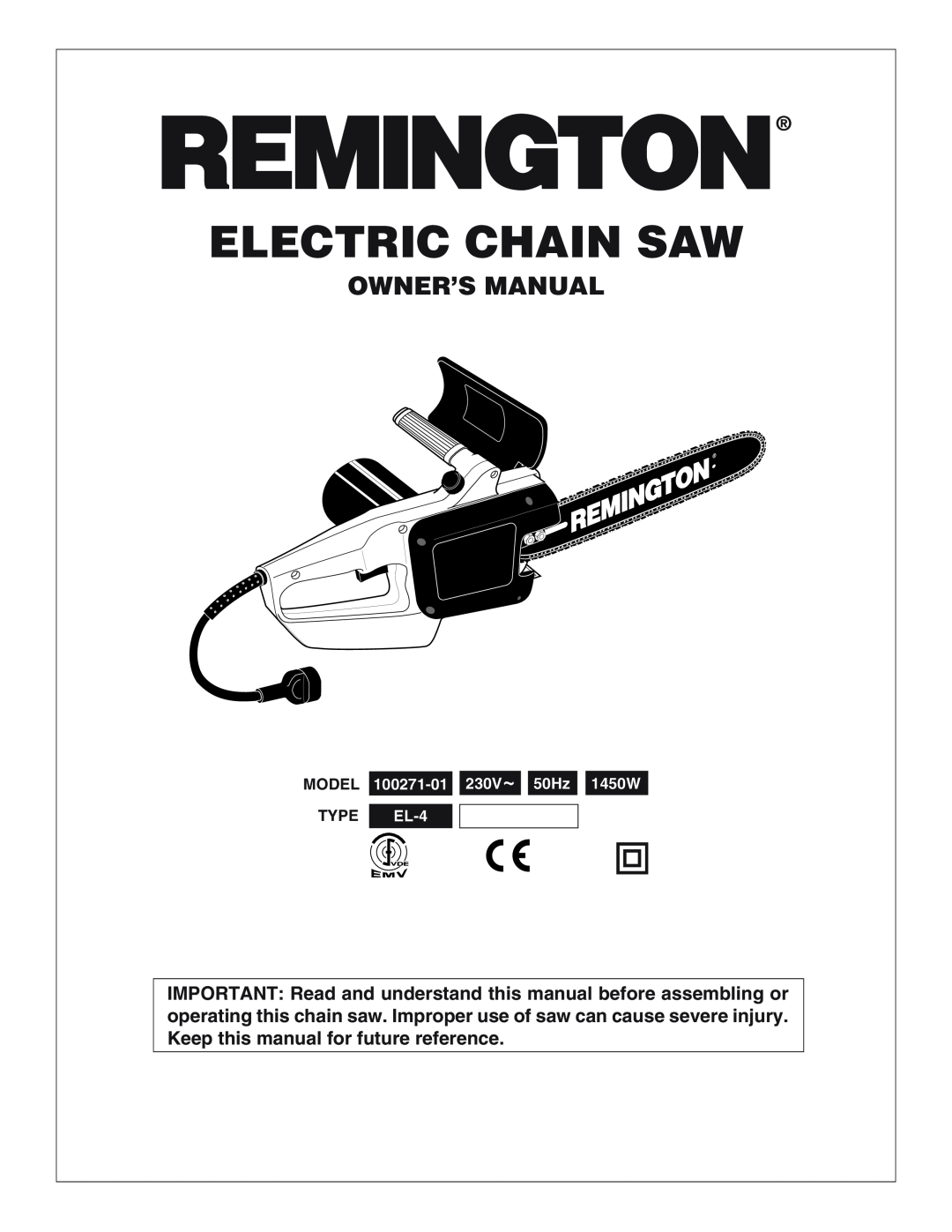 Desa owner manual Owner’S Manual, MODEL 100271-01 230V~ 50Hz 1450W, TYPE EL-4, Electric Chain Saw 
