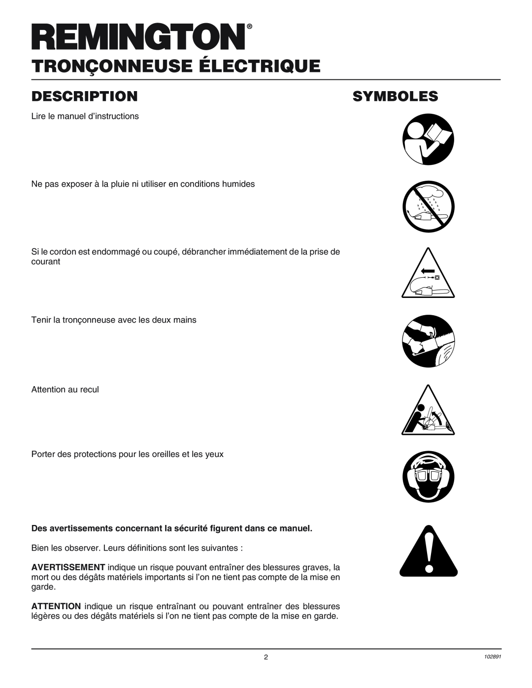 Desa 100271-01 owner manual Tronçonneuse Électrique, Description, Symboles, Lire le manuel d’instructions 