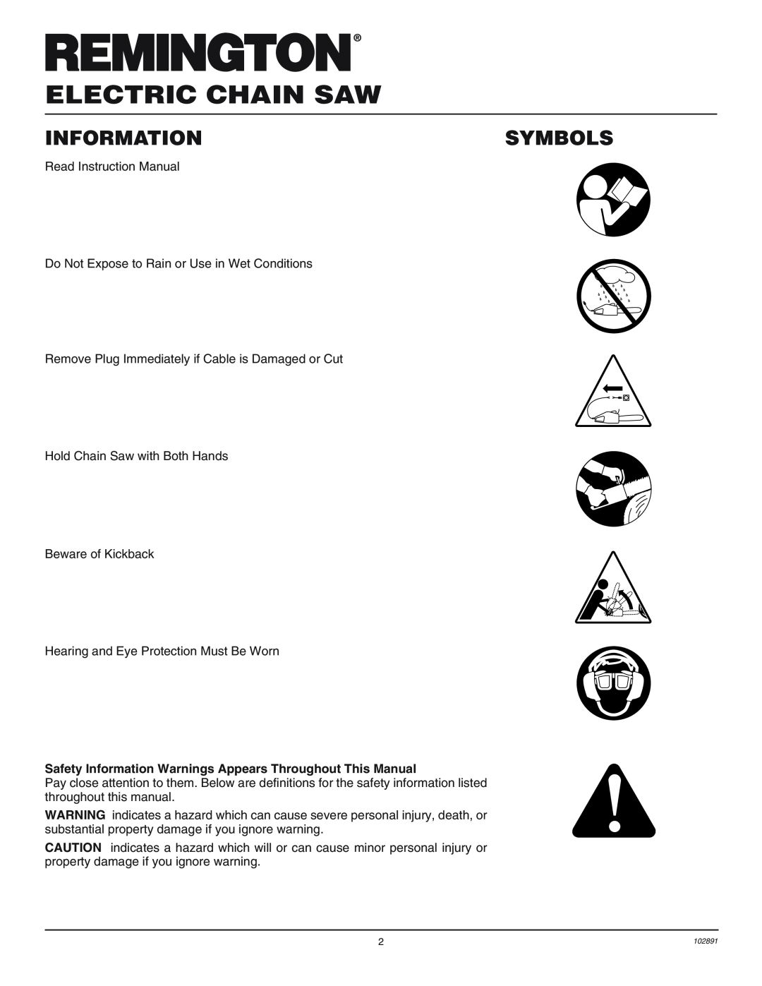 Desa 100271-01 owner manual Electric Chain Saw, Symbols, Safety Information Warnings Appears Throughout This Manual 