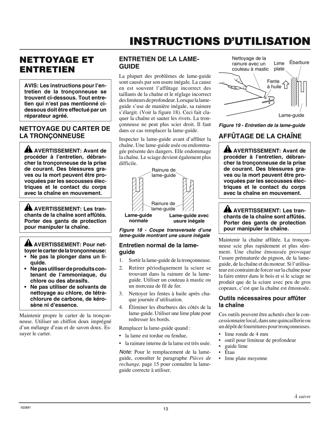 Desa 100271-01 owner manual Nettoyage Et Entretien, Nettoyage Du Carter De La Tronçonneuse, Entretien De La Lame- Guide 