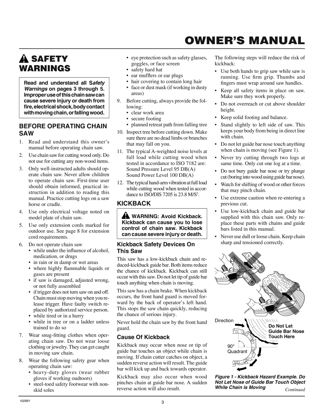 Desa 100271-01 Owner’S Manual, Safety Warnings, Before Operating Chain Saw, Kickback Safety Devices On This Saw 