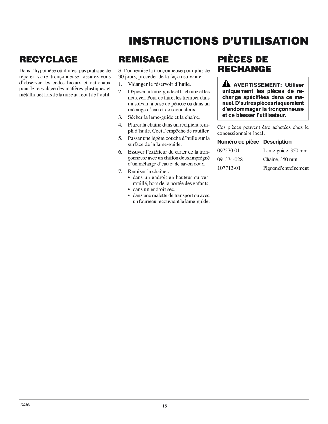 Desa 100271-01 Recyclage, Remisage, Pièces De Rechange, Numéro de pièce, Description, Instructions D’Utilisation 