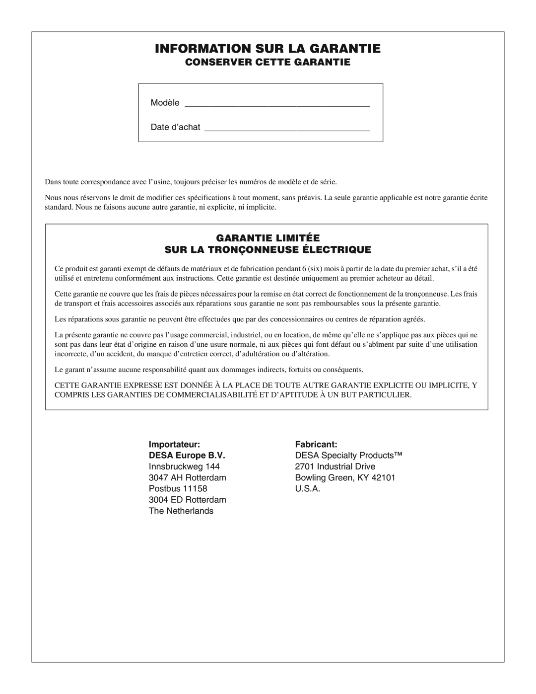 Desa 100271-01 Information Sur La Garantie, Conserver Cette Garantie, Garantie Limitée Sur La Tronçonneuse Électrique 