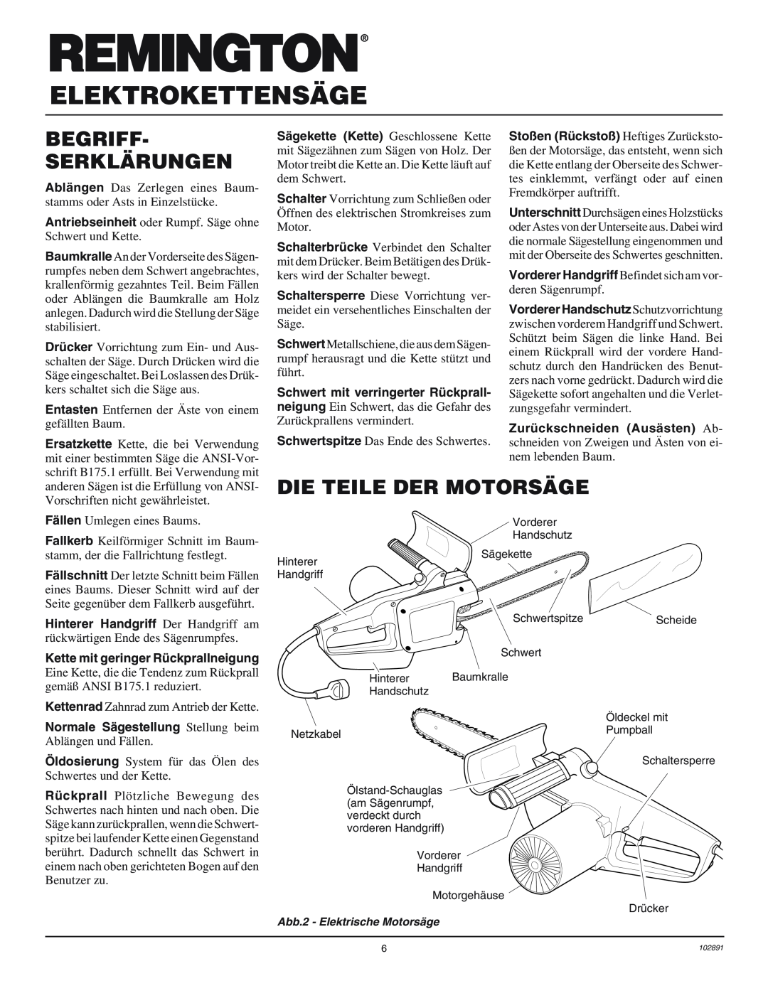Desa 100271-01 owner manual Begriff- Serklärungen, Die Teile Der Motorsäge, Elektrokettensäge 