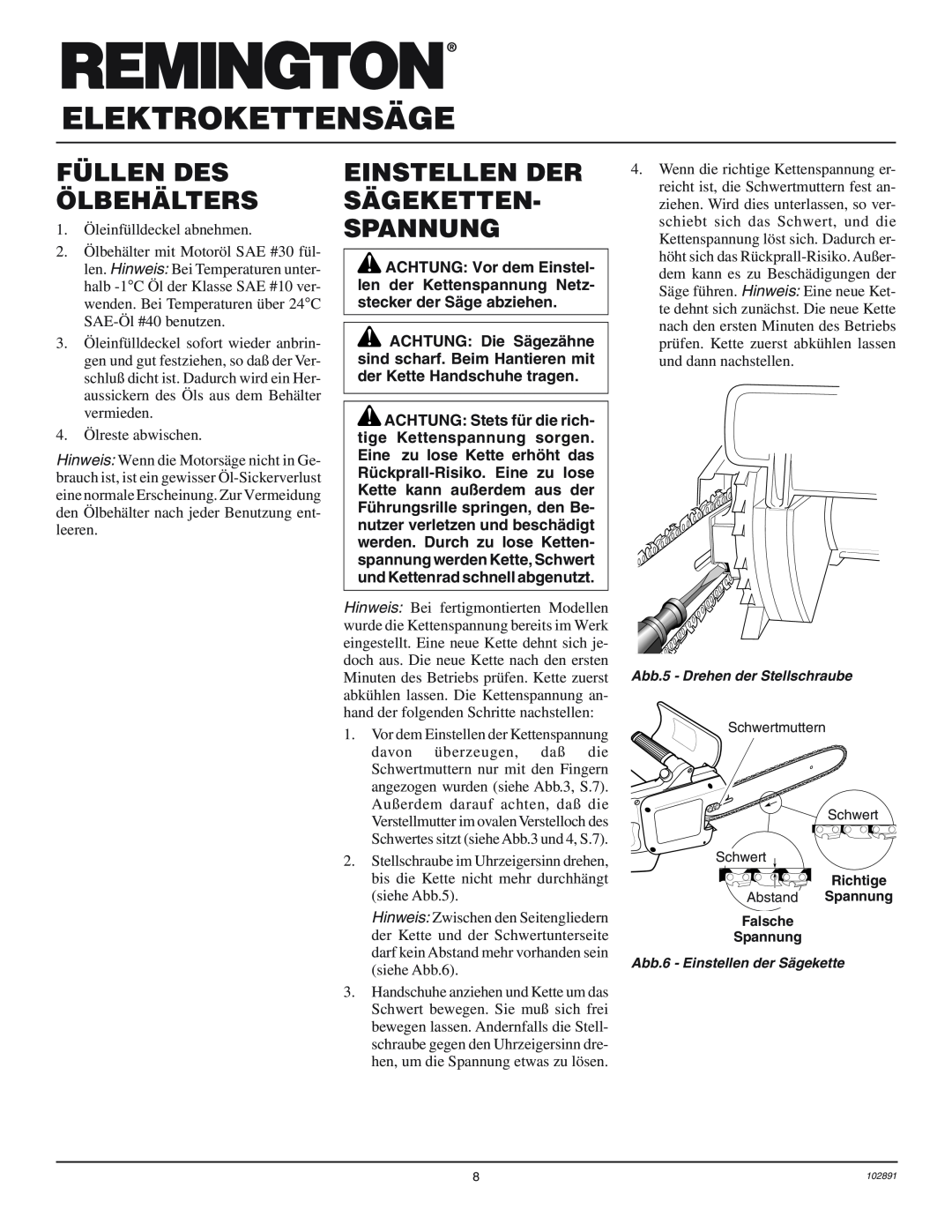 Desa 100271-01 owner manual Füllen Des Ölbehälters, Einstellen Der Sägeketten- Spannung, Elektrokettensäge 