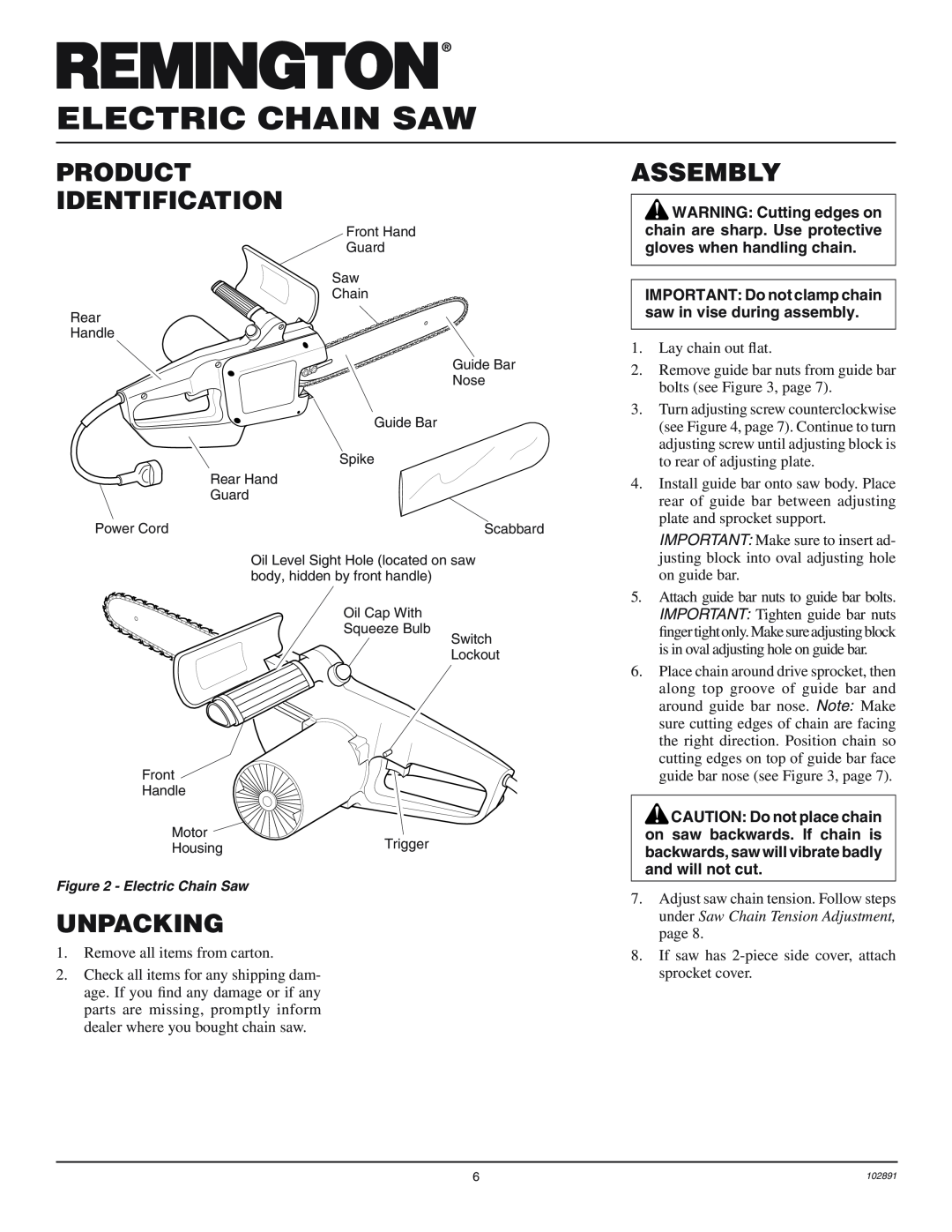 Desa 100271-01 Product Identification, Assembly, Unpacking, IMPORTANT Do not clamp chain saw in vise during assembly 