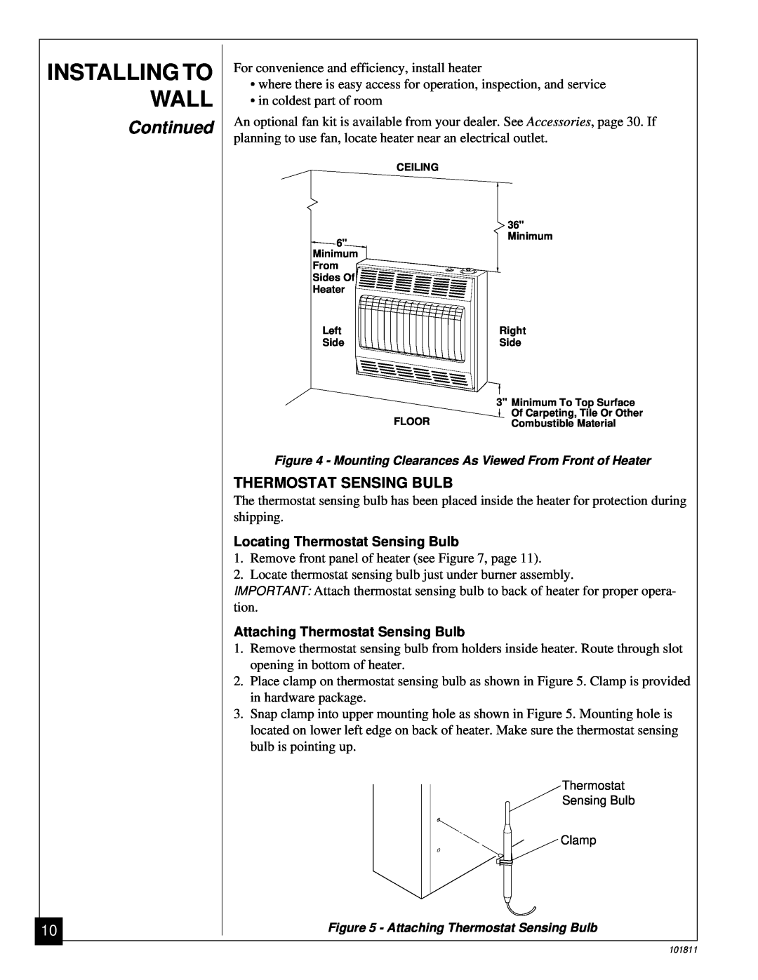 Desa 101811-01C.pdf installation manual Continued, Installing To Wall, Thermostat Sensing Bulb 