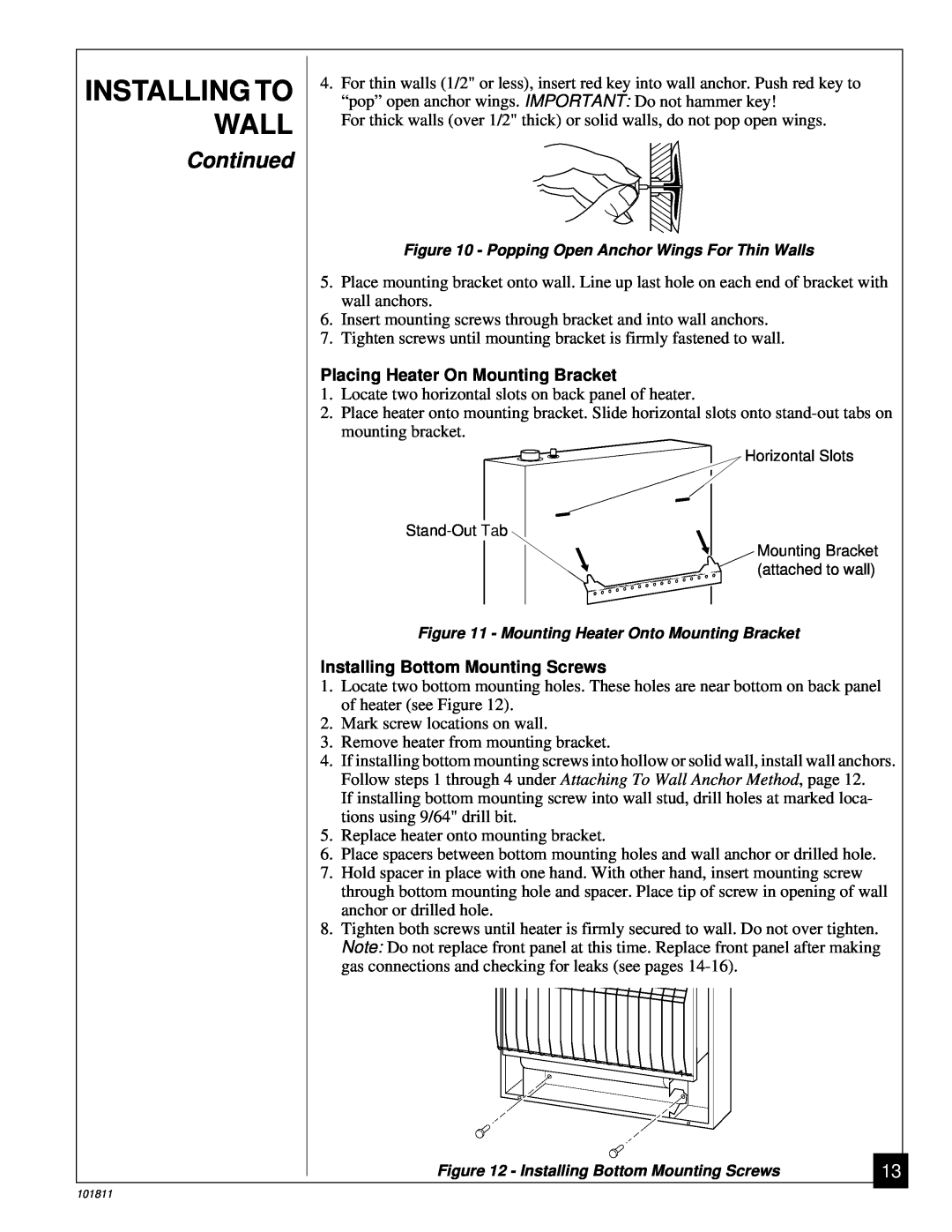 Desa 101811-01C.pdf Installing To Wall, Continued, Placing Heater On Mounting Bracket, Installing Bottom Mounting Screws 